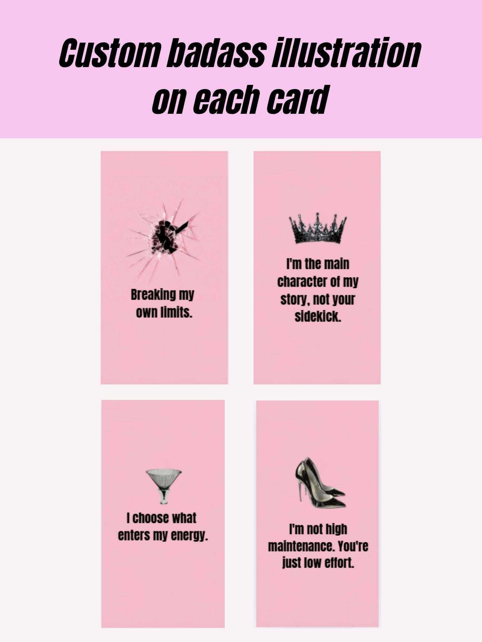 Bad B*tch Energy Affirmation Card Set (with Clips, wooden stand & jute twine)