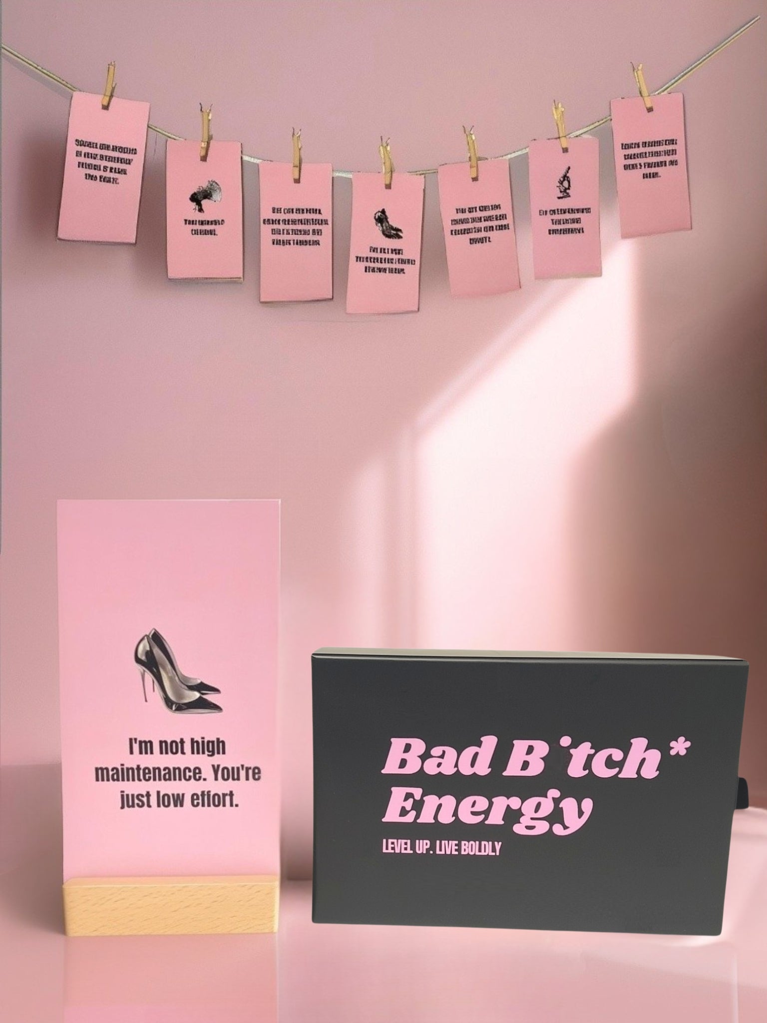 Bad B*tch Energy Affirmation Card Set (with Clips, wooden stand & jute twine)