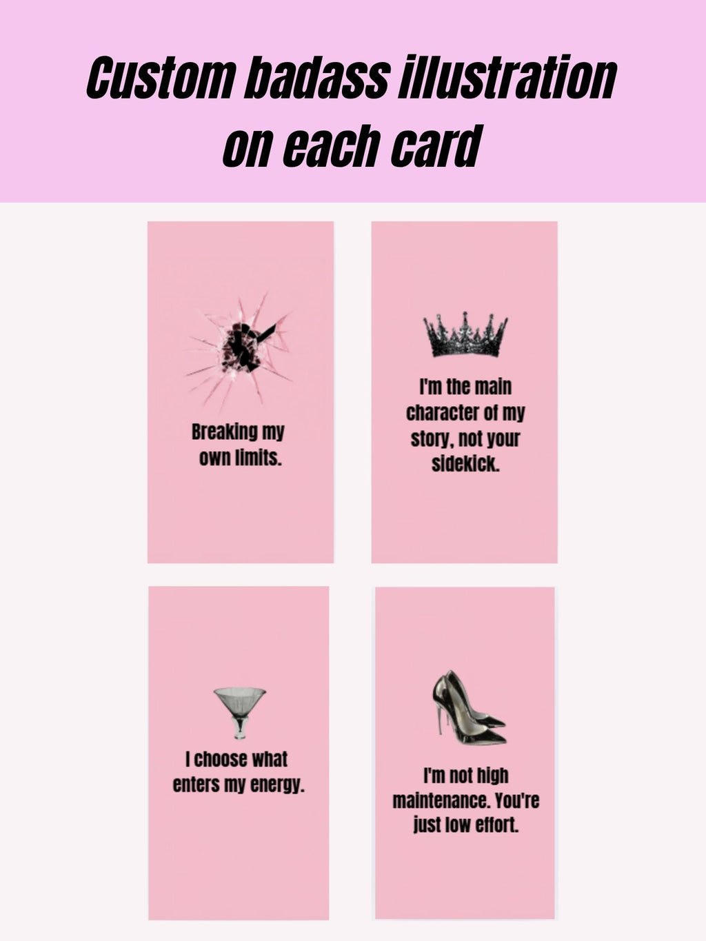 Bad B*tch Energy Affirmation Card Set (with Clips, wooden stand & jute twine)