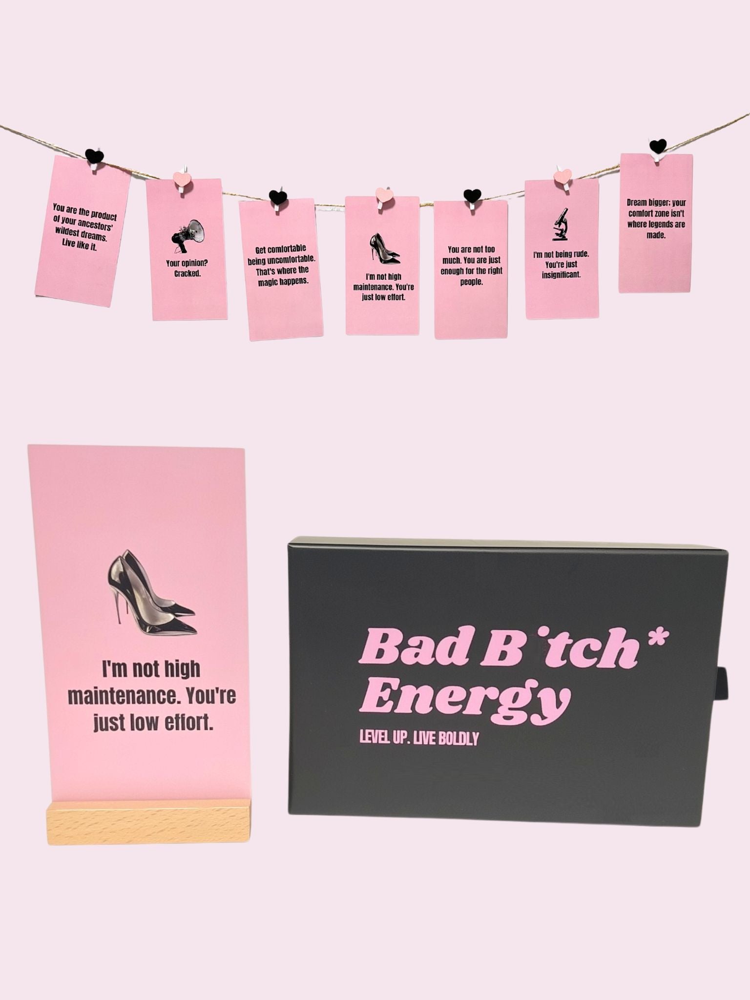 Bad B*tch Energy Affirmation Card Set (with Clips, wooden stand & jute twine)