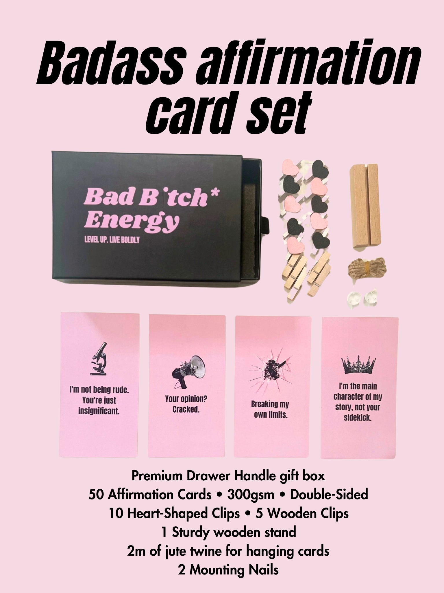 Bad B*tch Energy Affirmation Card Set (with Clips, wooden stand & jute twine)